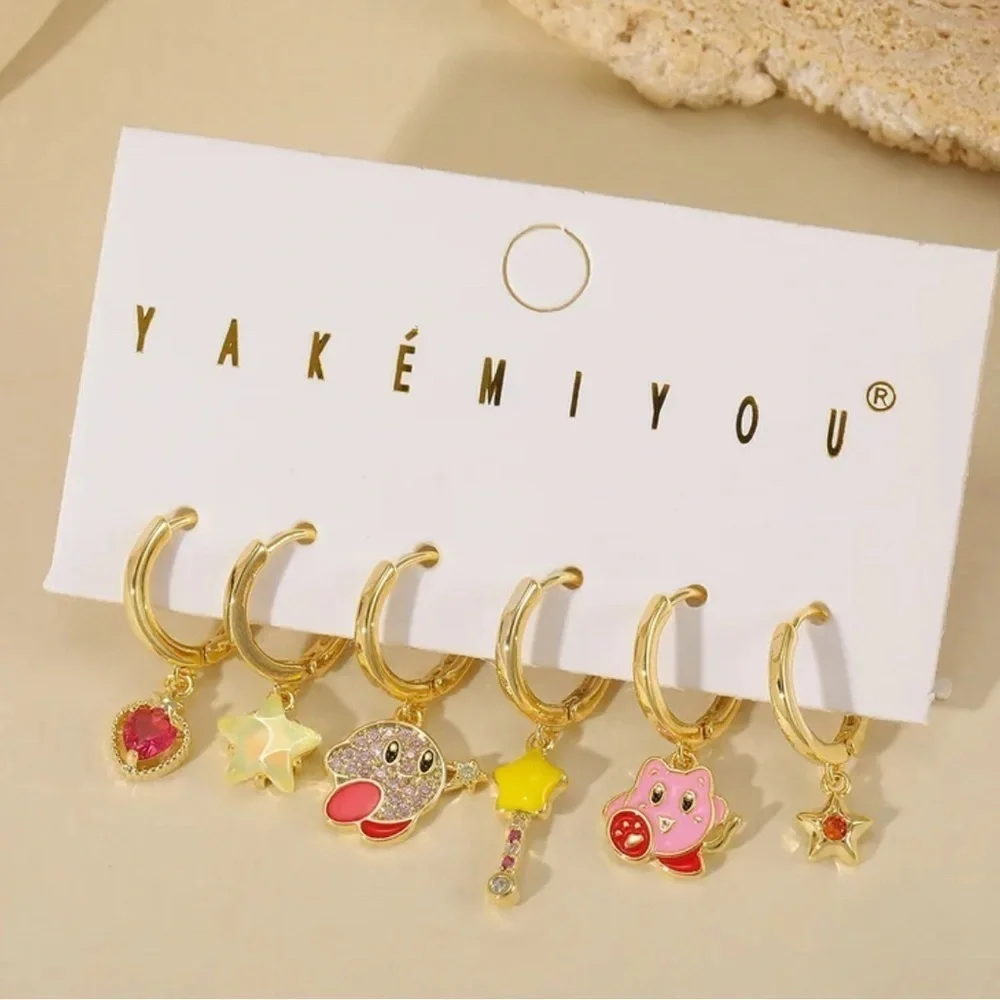 14K Gold Kirby Theme Huggie Hoop Dangle Mismatched Asymmetrical Earrings Set